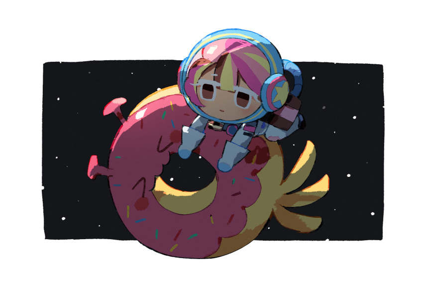 >_<, 1girl, 1other, alien, astronaut_cookie, blonde_hair, brown_eyes, brown_hair