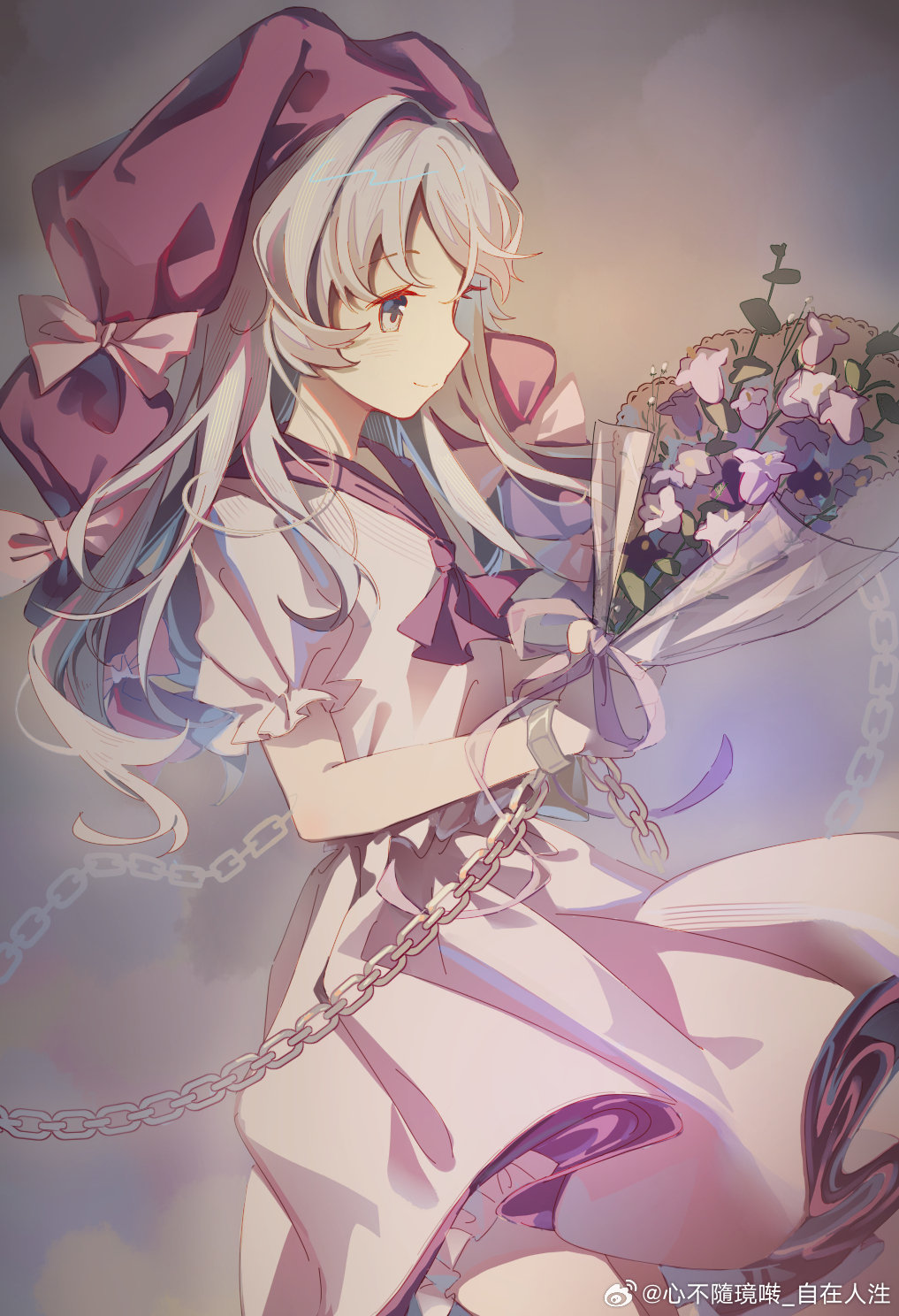1girl, bouquet, bow, chain, character_request, chinese_commentary, closed_mouth, commentary_request