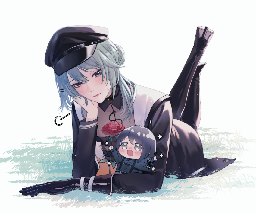 2girls, angon623, aqua_eyes, aqua_hair, arm_support, black_coat, black_footwear, black_gloves