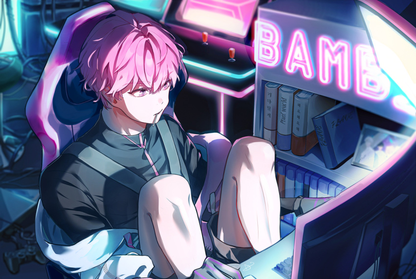 1boy, arcade, bamby_(plave), black_bodysuit, bodysuit, book, bookshelf, candy, chair, computer, cyberpunk, food, gaming_chair, gloves, jacket, k-pop, layered_sleeves, lollipop, long_sleeves, male_focus, neon_lights, non-web_source, pink_eyes, pink_hair, plave, playing_games, science_fiction, short-sleeved_jacket, short_hair, short_over_long_sleeves, short_sleeves, solo, swivel_chair