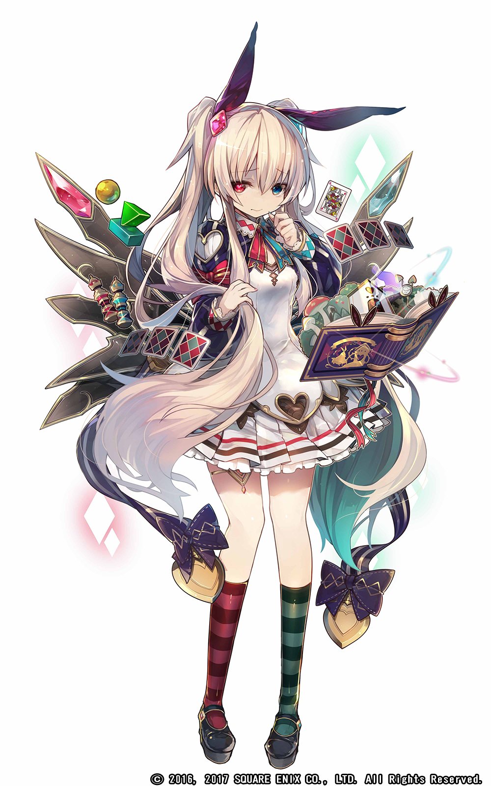 1girl, black_footwear, blonde_hair, blue_eyes, book, breasts, card, chaos_alice_(grimms_notes), copyright_notice, floating, full_body, grimms_notes, heterochromia, highres, holding, holding_own_hair, hosato_mikine, official_art, playing_card, red_eyes, simple_background, skirt, solo, twintails, white_background, wings