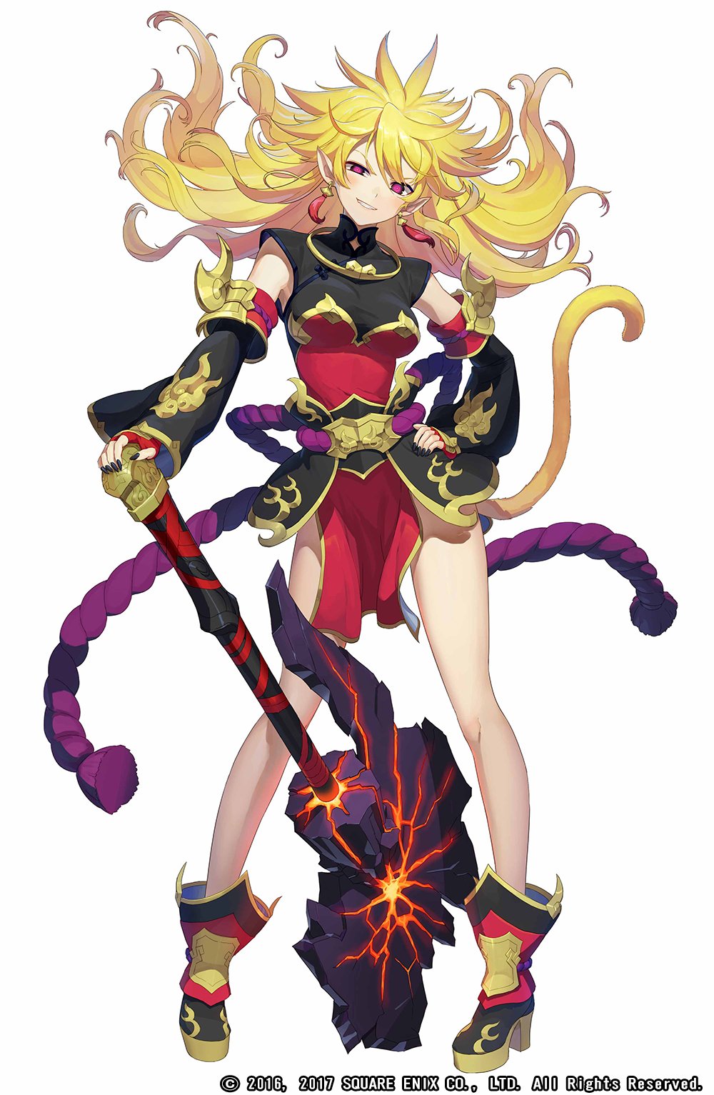 1girl, axe, blonde_hair, breasts, chaos_sun_wukong_(grimms_notes), chinese_clothes, copyright_notice, earrings