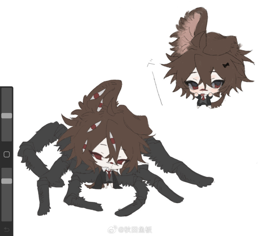 1boy, animal_ears, aoi_(cariiiie), art_program_in_frame, arthropod_limbs, black_bow, black_jacket, black_shorts