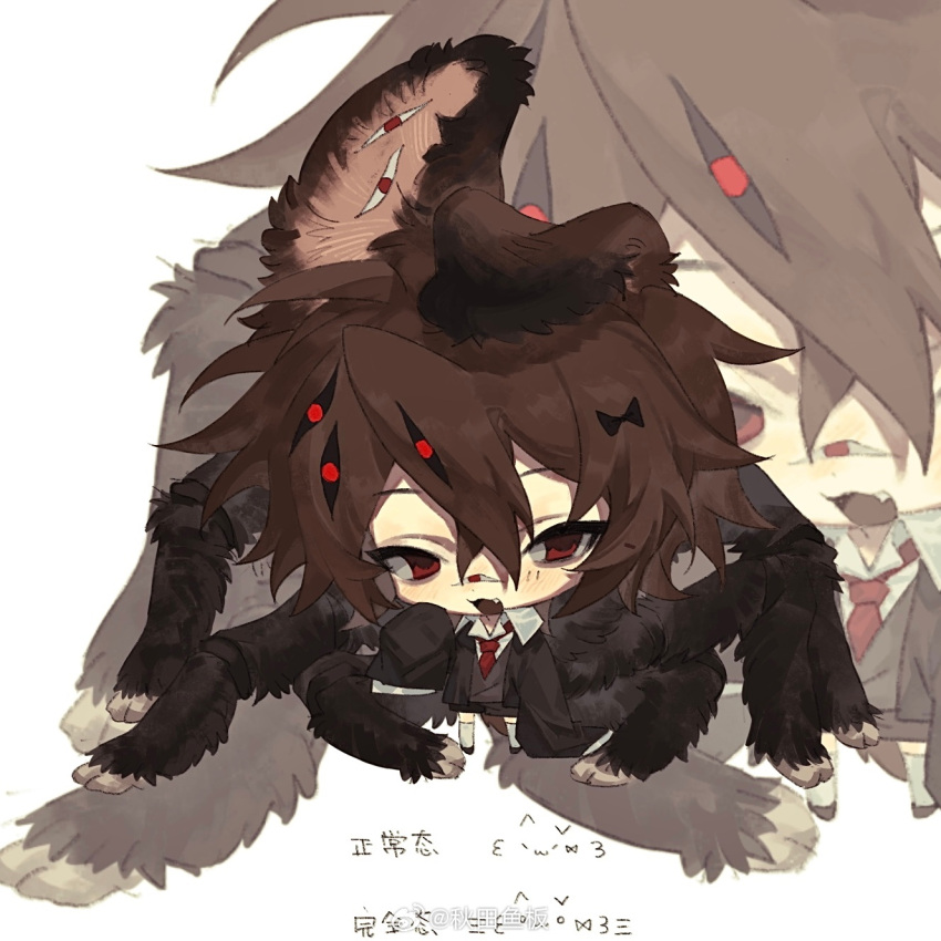1boy, :3, animal_ears, aoi_(cariiiie), arthropod_limbs, black_footwear, black_jacket, black_shorts
