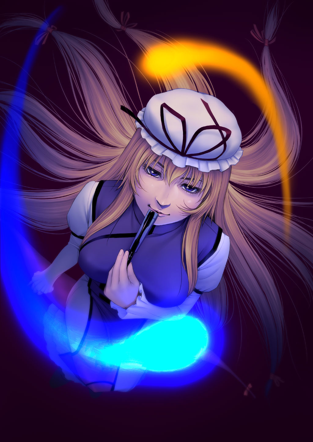 blonde_hair, fan, folding_fan, hat, highres, long_hair, purple_eyes, solo, touhou, tripleeight, violet_eyes, yakumo_yukari