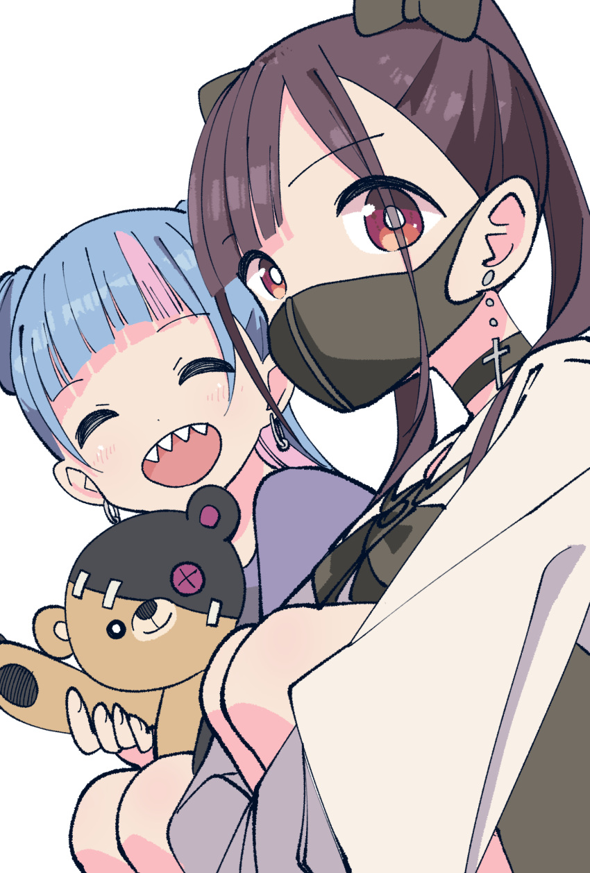 arched_bangs, black_bow, black_bowtie, black_choker, black_mask, bow, bowtie, brown_eyes, brown_hair, button_eyes, buttons, chamcham_(sutochiru), choker, closed_eyes, cone_hair_bun, cross, earrings, fanged_bangs, floating_earring, hair_bow, hair_bun, highres, hoop_earrings, jaggy_lines, jewelry, jirai_kei, katsuwo_(cr66g), light_blush, looking_at_viewer, mask, mouth_mask, multicolored_hair, multiple_hair_bows, open_mouth, ozaki_(sutochiru), purple_shirt, sharp_teeth, shirt, squatting, stitched_face, stitches, stuffed_animal, stuffed_toy, sutochiru, teddy_bear, teeth, twintails, waving, white_shirt
