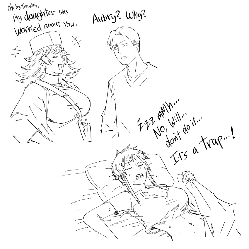 1boy, 2girls, absurdres, aubry_(dark_elf_stepsister), bb_(baalbuddy), breasts, dreaming, english_text