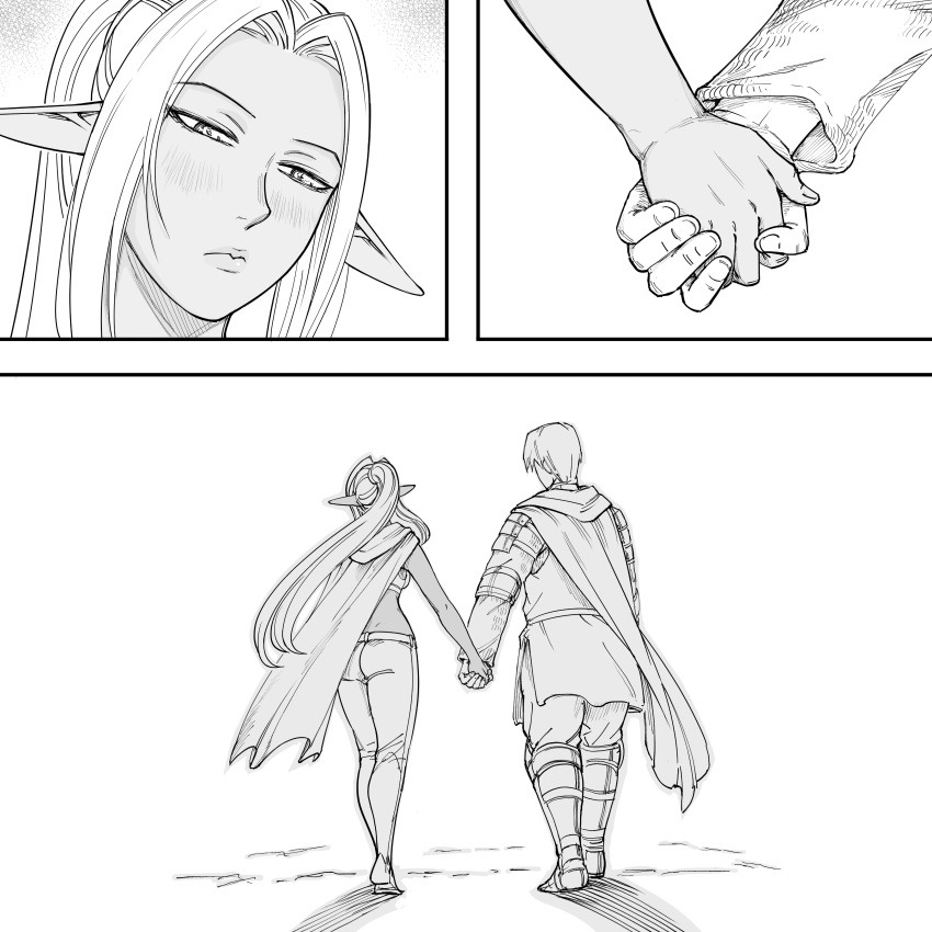 1boy, 1girl, absurdres, ass, bb_(baalbuddy), blush, cape, close-up, dark-skinned_female, dark_elf, dark_skin, elf, highres, holding_hands, hood, hood_down, hooded_cape, left-to-right_manga, long_hair, original, paladin, pants, pointy_ears, ponytail, step-brother_and_step-sister, step-siblings, willford_diccard, zana_(dark_elf_stepsister)