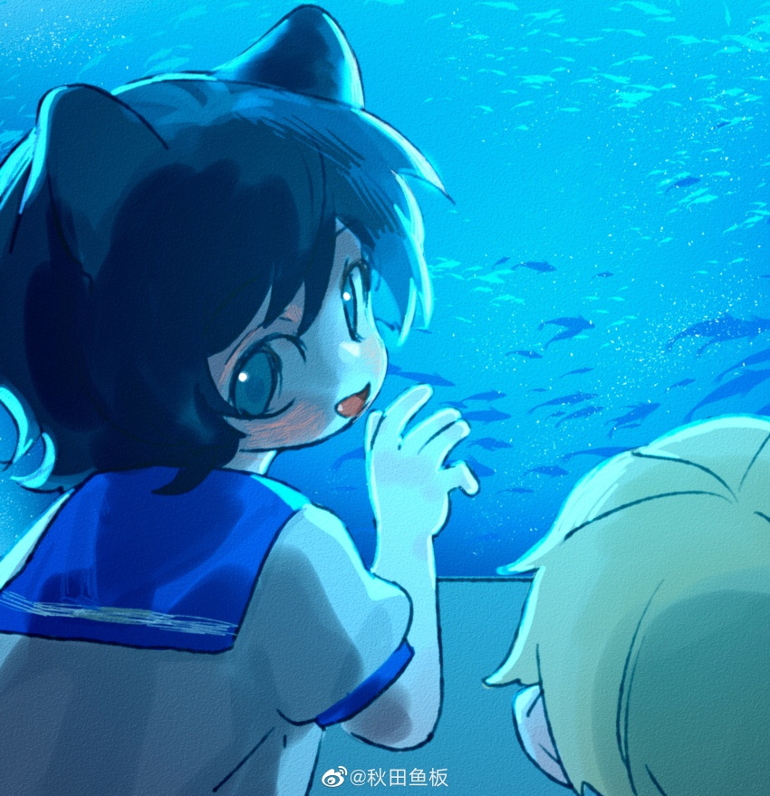 2boys, absurdres, animal_ears, aoi_(cariiiie), aquarium, black_hair, blue_sailor_collar, cat_boy