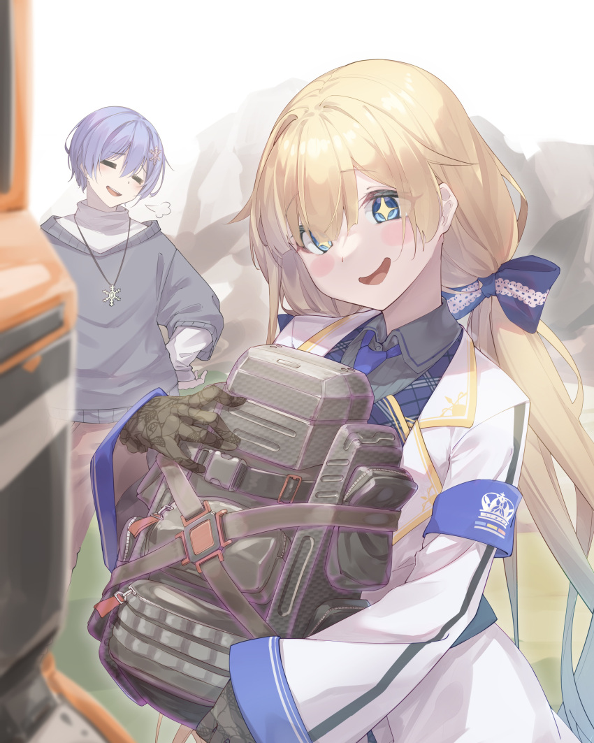 1boy, 1girl, absurdres, aizawa_ema, aizawa_ema_(2nd_costume), apex_legends, backpack, bag