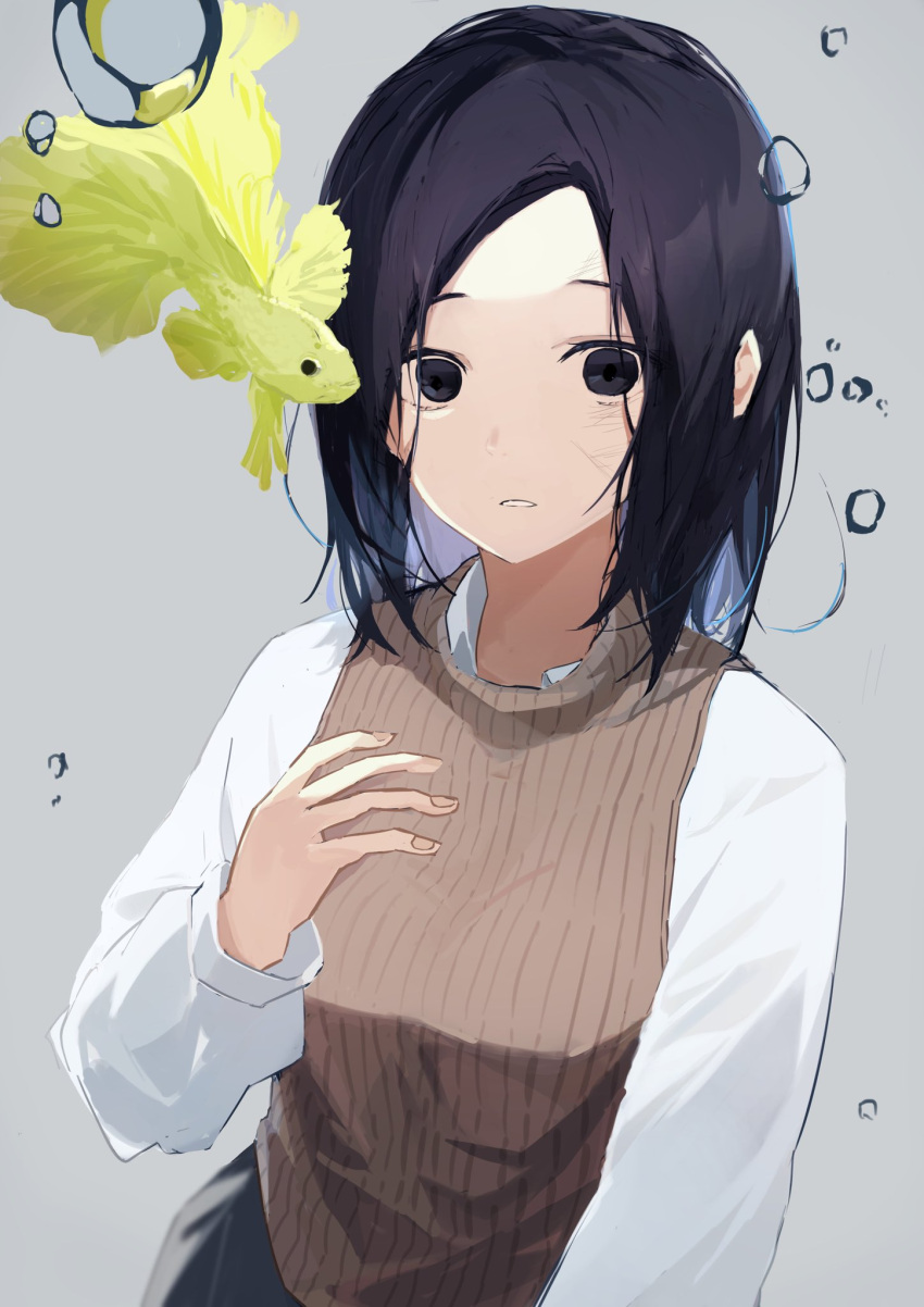 1girl, black_eyes, black_hair, bubble, empty_eyes, high_collar, highres, kettle_(4693-42)