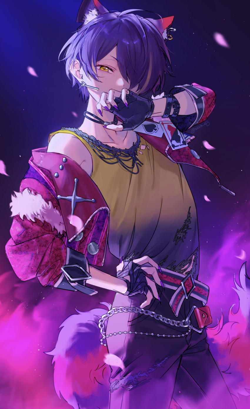 1boy, absurdres, animal_ears, arm_up, chain, ensemble_stars!, fingerless_gloves, fire