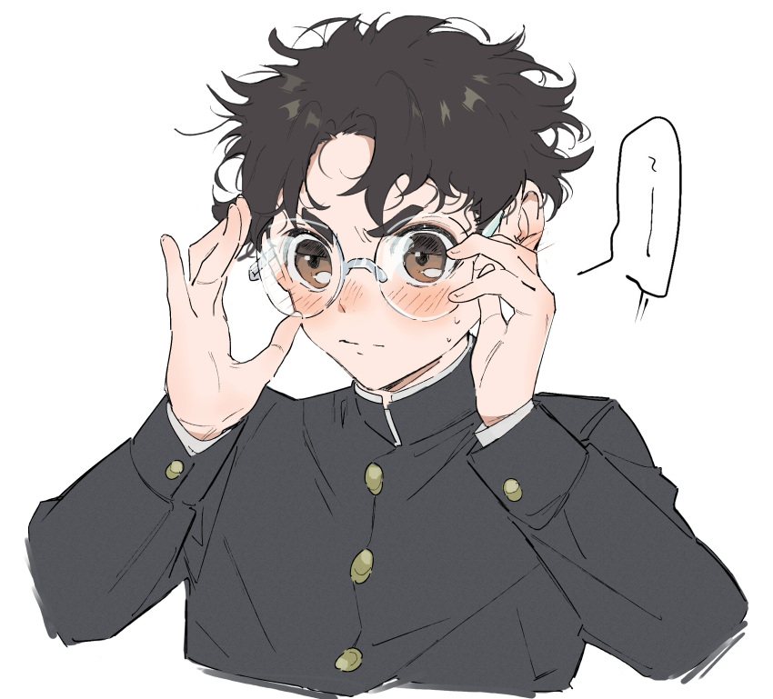 1boy, adjusting_eyewear, black_hair, black_shirt, blush, brown_eyes, dandadan, gakuran