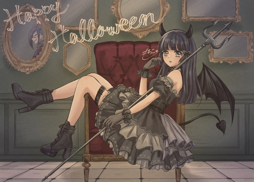 1boy, 1girl, aoki_reika, artist_name, black_bow, black_footwear, blue_eyes, blue_hair