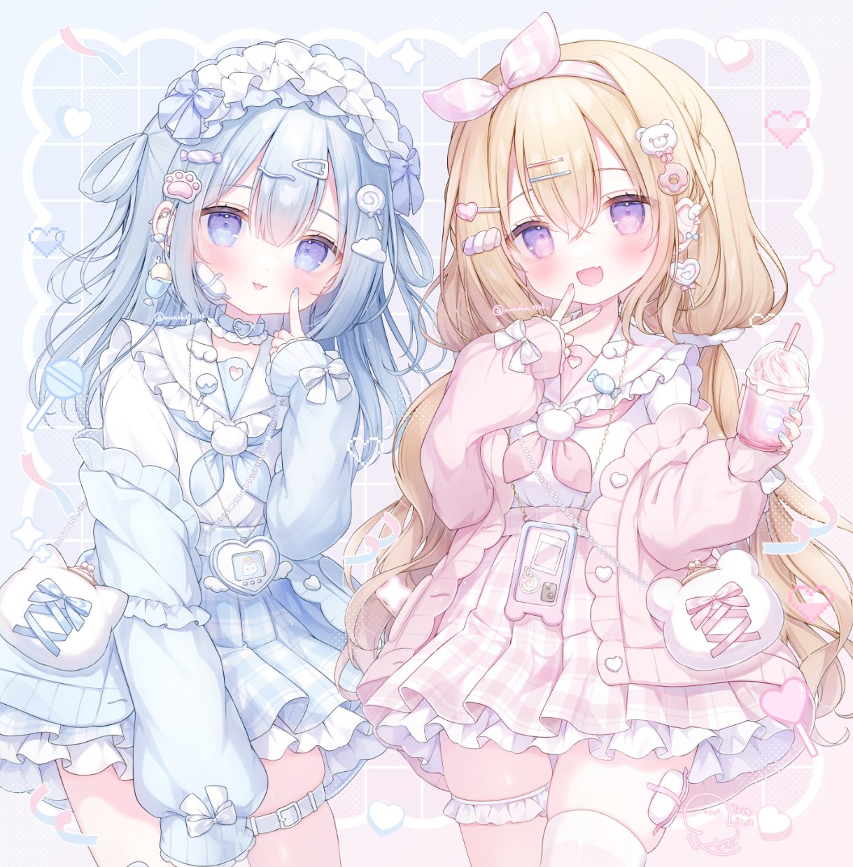 2girls, bag, blonde_hair, blue_cardigan, blue_eyes, blue_hair, blue_skirt, blush, bow, candy_hair_ornament, cardigan, cellphone, collar, cowboy_shot, cup, finger_to_eye, food-themed_hair_ornament, frills, gauze, gauze_on_cheek, gauze_on_hip, hair_between_eyes, hair_ornament, hairpin, heart, highres, long_hair, long_sleeves, looking_at_viewer, maid_headdress, multicolored_background, multiple_girls, omochi_monaka, open_mouth, original, phone, pink_cardigan, pink_skirt, pixel_art, pixel_heart, school_uniform, single_thighhigh, skindentation, skirt, smartphone, smile, tamagotchi_(virtual_pet), thigh-highs, thigh_strap, thighs, tongue, tongue_out, two-tone_background, v_over_mouth, violet_eyes