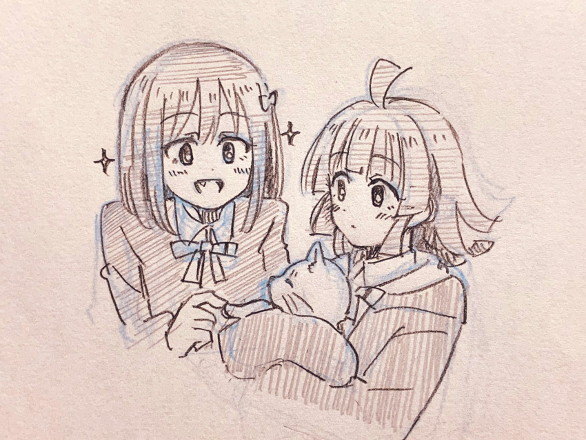 2girls, :d, absurdres, ahoge, animal, blunt_bangs, blunt_ends, cat