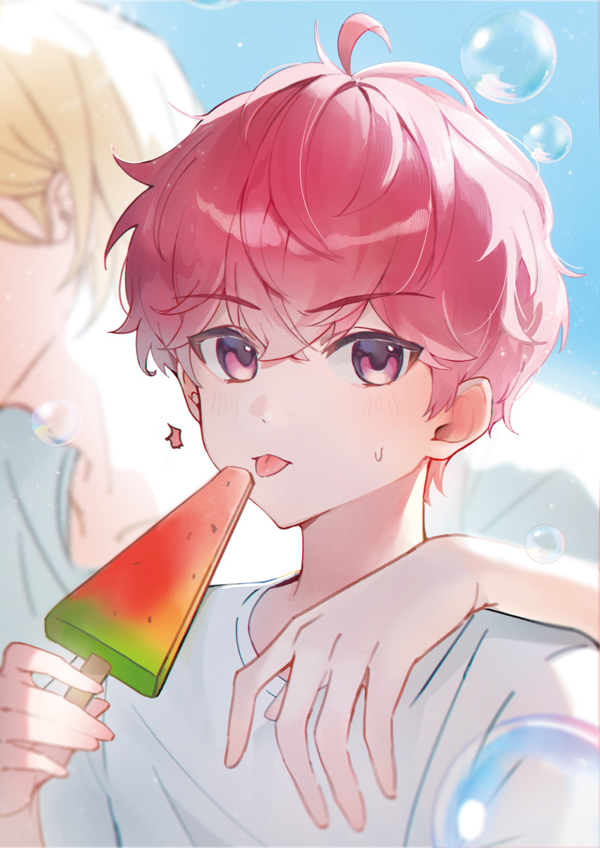 2boys, absurdres, bamby_(plave), bubble, ddugi0506, facing_viewer, food, hair_between_eyes, highres, holding, holding_food, holding_popsicle, k-pop, multiple_boys, noah_(plave), pink_eyes, pink_hair, plave, popsicle, shirt, short_hair, short_sleeves, summer, sweatdrop, tongue, tongue_out, watermelon_bar, white_shirt