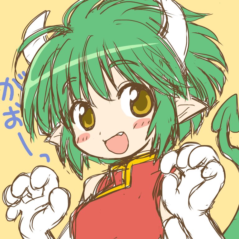 :d, blush_stickers, china_dress, chinese_clothes, claw_pose, draco_centauros, dragon_girl, dragon_horns, dragon_tail, dress, fang, gloves, green_hair, green_tail, happy, horns, looking_at_viewer, madou_monogatari, open_mouth, pointy_ears, puyopuyo, red_dress, smile, tail, translated, white_gloves, white_horns, yellow_eyes, yukiyo_kato
