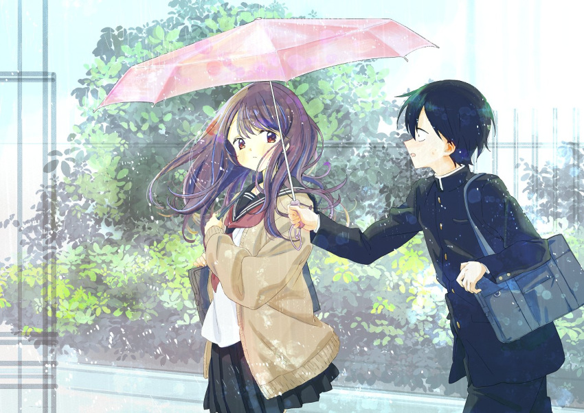 1boy, 1girl, artist_request, bag, black_hair, black_jacket, black_pants, black_sailor_collar