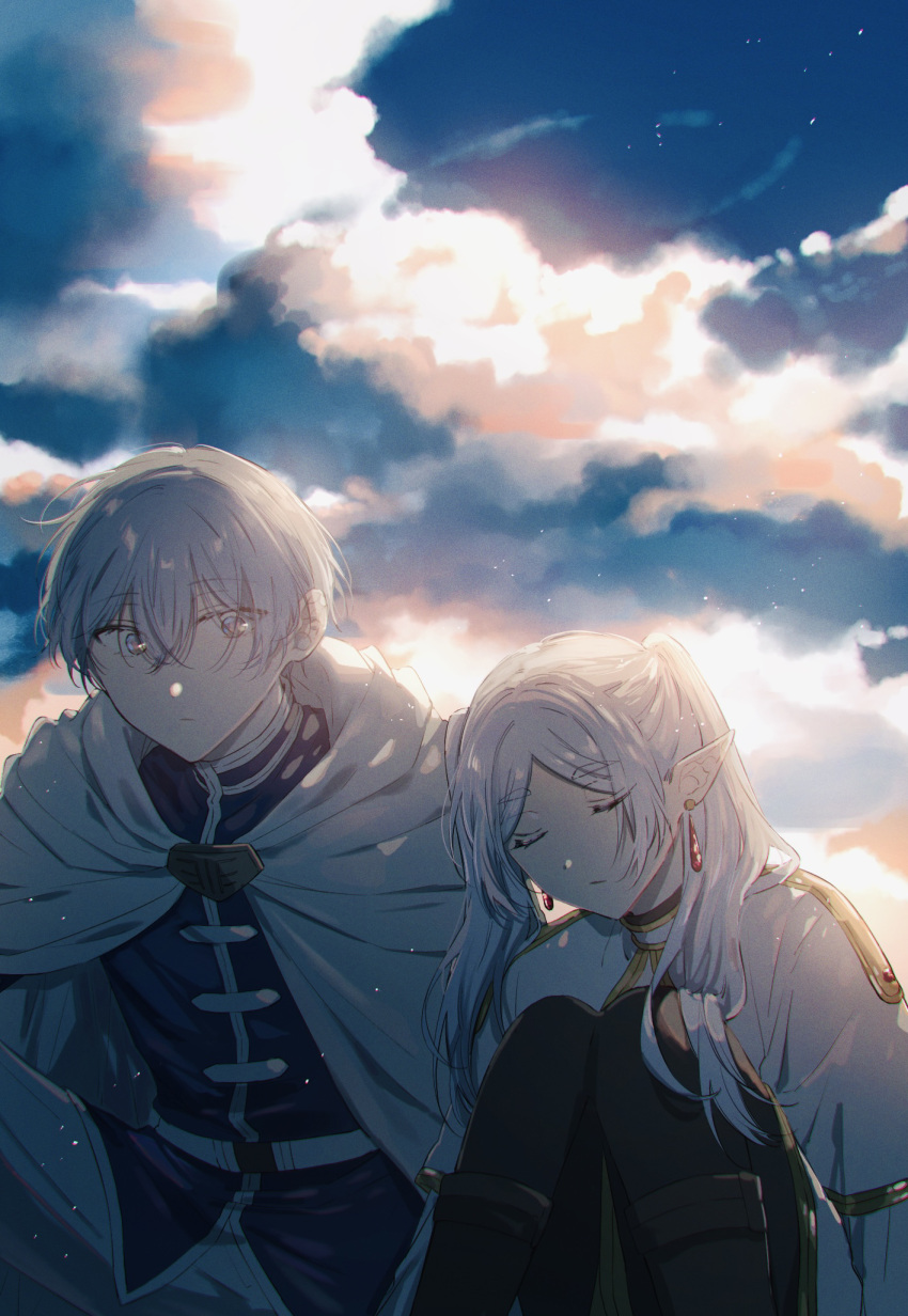 1girl, black_pantyhose, blue_sky, blue_tunic, capelet, closed_eyes, closed_mouth, clouds, cloudy_sky, commentary, dress, earrings, elf, evening, film_grain, frieren, hetero, highres, himmel_(sousou_no_frieren), jewelry, long_hair, long_sleeves, looking_at_another, outdoors, pants, pantyhose, parted_bangs, pointy_ears, sidelocks, sitting, sky, sleeping, sleeping_on_person, sousou_no_frieren, tunic, twintails, white_capelet, white_dress, white_pants, yoichi_hnkn