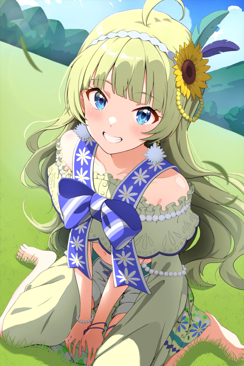 1girl, absurdres, ahoge, bare_shoulders, barefoot, birthday, blue_bow, blue_eyes