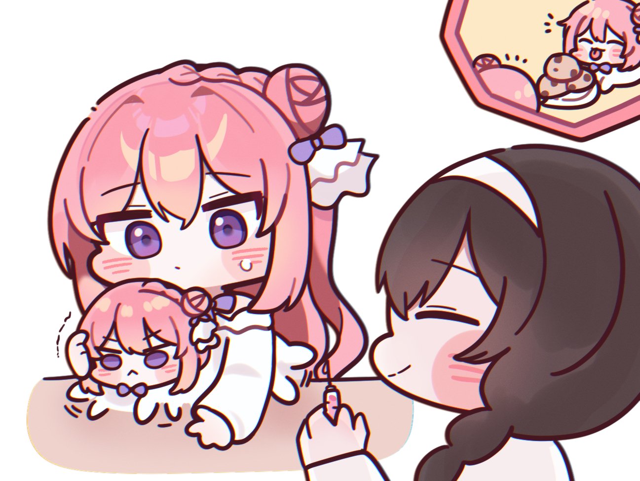 3girls, black_hair, bow, bowtie, closed_eyes, cookie, doro_(nikke), dorothy_(nikke)