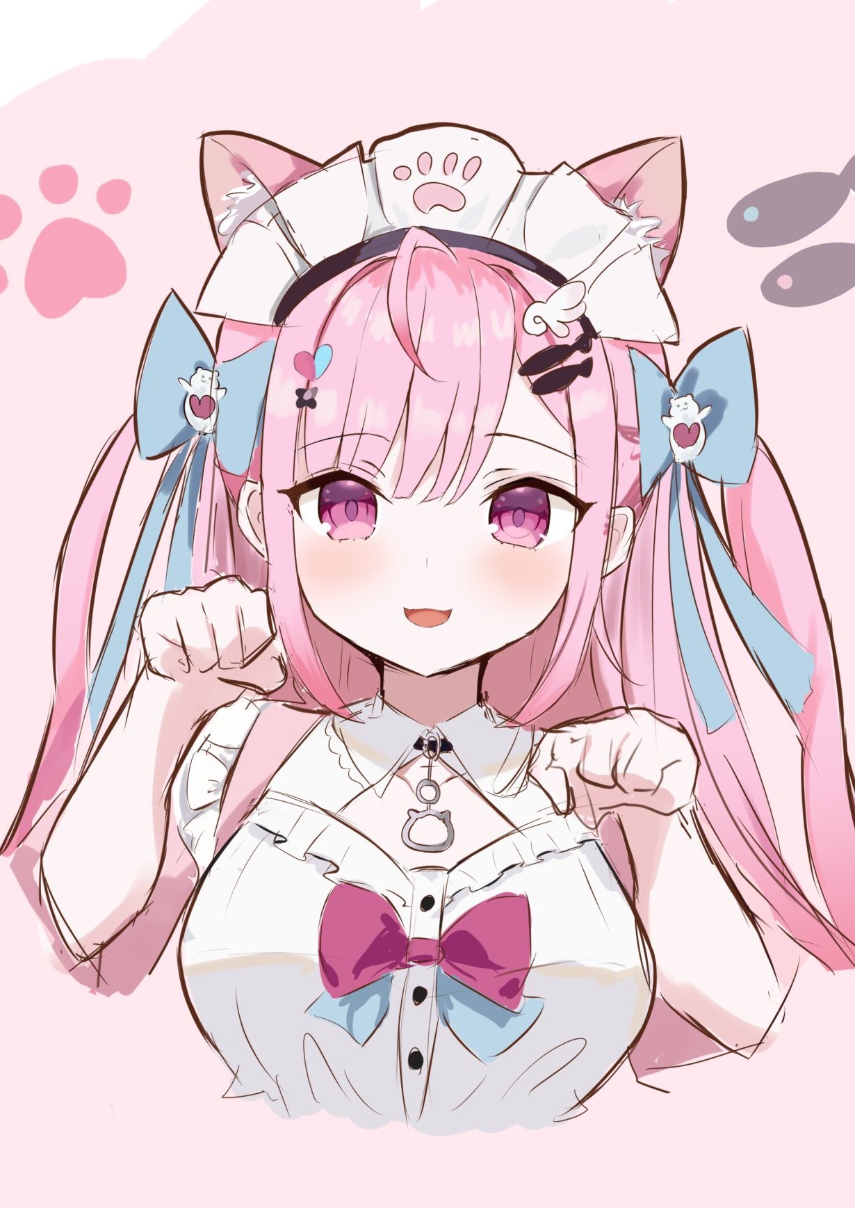 1girl, :d, animal_ears, animal_print, blue_bow, blush, bow, breasts
