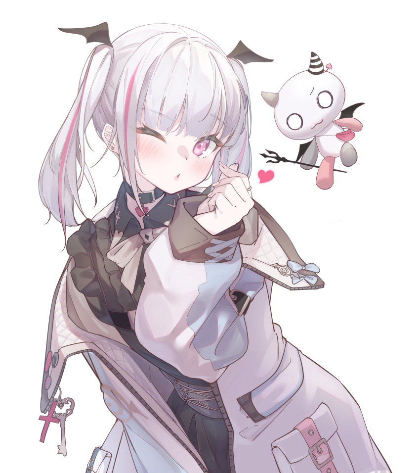 1girl, absurdres, asumi_sena, asumi_sena_(3rd_costume), belt_collar, black_dress, blush, bow, bowtie, cattleya_regina_games, collar, collared_dress, dress, earrings, finger_heart, frilled_sleeves, frills, grey_bow, grey_bowtie, grey_jacket, head_wings, heart, heart_pendant, highres, jacket, jewelry, kurumi_tsuchi, layered_clothes, leaning_forward, mascot, multicolored_hair, one_eye_closed, pendant_collar, pink_eyes, puckered_lips, ring, sidelocks, simple_background, solo, streaked_hair, twintails, underbust, upper_body, virtual_youtuber, vspo!, white_background, white_hair, wings
