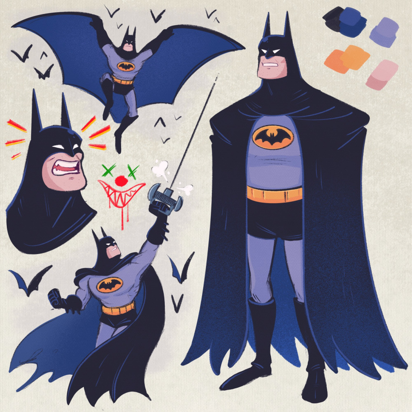 1boy, alarmed, bat_(animal), batman, batman_(series), batman_symbol, belt, black_cape, black_gloves, bodysuit, cape, color_guide, commentary, cowl, dc_comics, english_commentary, gloves, grey_bodysuit, highres, male_focus, mask, mostlyghostly, multiple_views, muscular, muscular_male, simple_background, superhero_costume, two-tone_bodysuit, utility_belt