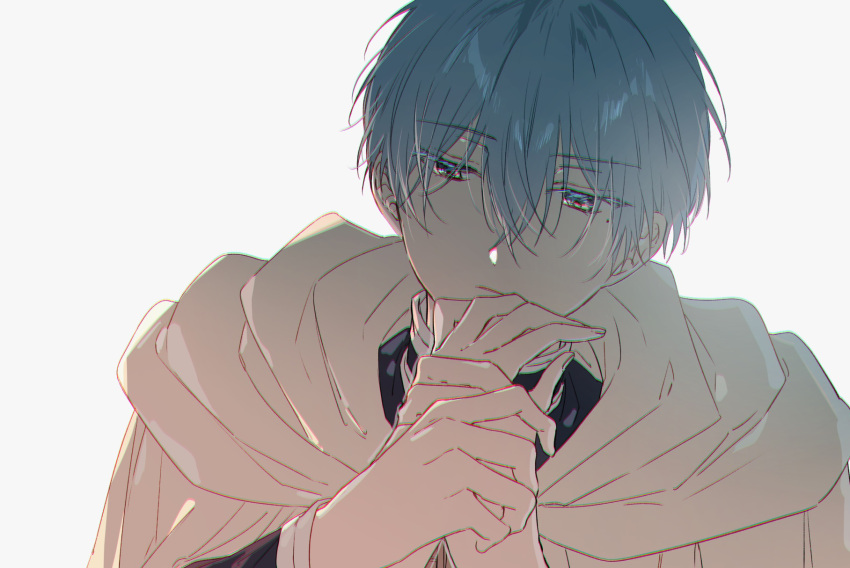 1boy, 1other, blue_eyes, chromatic_aberration, cloak, closed_mouth, commentary, hair_between_eyes, half-closed_eyes, highres, himmel_(sousou_no_frieren), holding_hands, long_sleeves, mole, mole_under_eye, short_hair, solo_focus, sousou_no_frieren, white_cloak, yoichi_hnkn