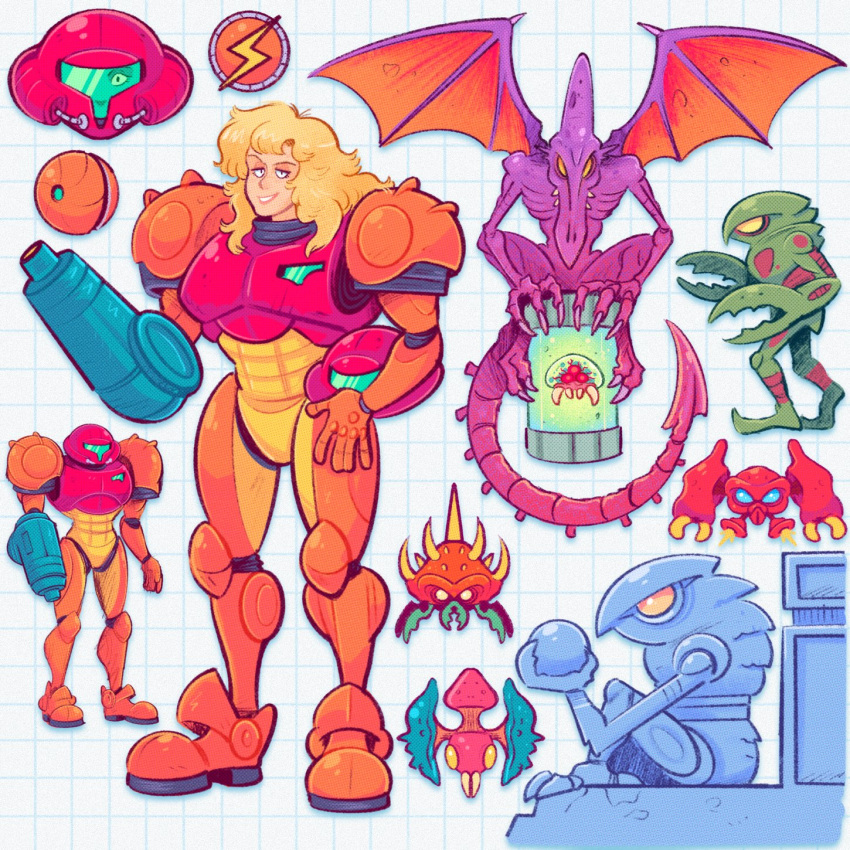 1girl, alien, arm_cannon, armor, assault_visor, blonde_hair, cartoonized, claws