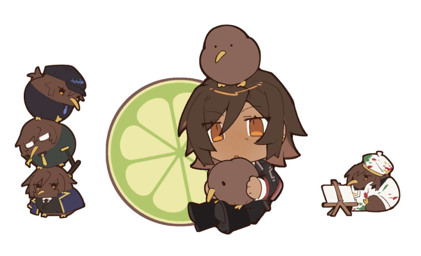 5girls, :o, animal, animal_on_head, animalization, bird, bird_on_head, black_footwear, black_hat, black_jacket, black_necktie, black_pants, black_shirt, black_vest, blue_coat, blue_necktie, brown_eyes, brown_hair, chibi, clothed_animal, coat, dark-skinned_female, dark_skin, e.g.o_(project_moon), easel, food, fruit, glasses, hair_between_eyes, hat, highres, holding, holding_animal, holding_bird, jacket, kgoshiro, kiwi_(bird), kiwi_(fruit), kiwi_slice, limbus_company, long_sleeves, magic_bullet_(e.g.o), multiple_girls, multiple_persona, necktie, on_head, open_mouth, outis_(project_moon), paint_splatter, pants, person_and_animalization, project_moon, ring_(identity)_(project_moon), seven_association_(identity)_(project_moon), shirt, shoes, short_hair, simple_background, vest, w_corp._(identity)_(project_moon), white_background, white_hat, white_shirt, yellow_necktie