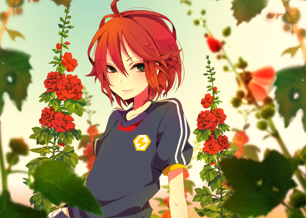 flower, green_eyes, hollyhock, inazuma_eleven, inazuma_eleven_(series), inazuma_japan, kiyama_hiroto, lightning_bolt, male, red_hair, redhead, short_hair, soccer_uniform, solo, utaoka_(23com)