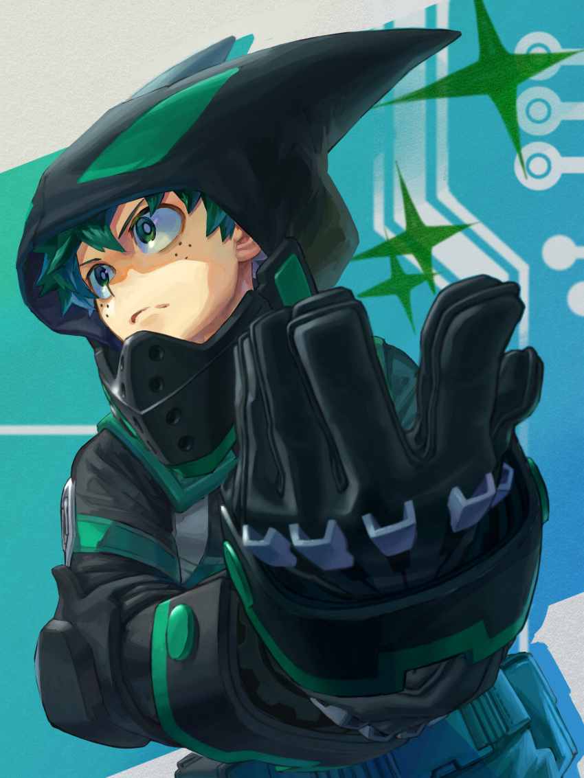 >:(, 1boy, absurdres, aqua_background, background_request, badge, belt, belt_pouch, black_bodysuit, black_gloves, blue_background, bodysuit, boku_no_hero_academia, bright_pupils, buckle, closed_mouth, film_grain, foreshortening, freckles, frown, gloves, gradient_background, green_eyes, green_hair, hair_between_eyes, hand_focus, hands_up, highres, hood, hood_up, hooded_bodysuit, looking_to_the_side, male_focus, midoriya_izuku, official_alternate_costume, pouch, serious, short_hair, snap-fit_buckle, solo, sparkle, split_mouth, turning_head, upper_body, utility_belt, v-shaped_eyebrows, yomoyama_yotabanashi