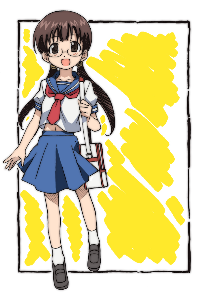 brown_eyes, brown_hair, footwear, glasses, long_hair, midriff, navel, open_mouth