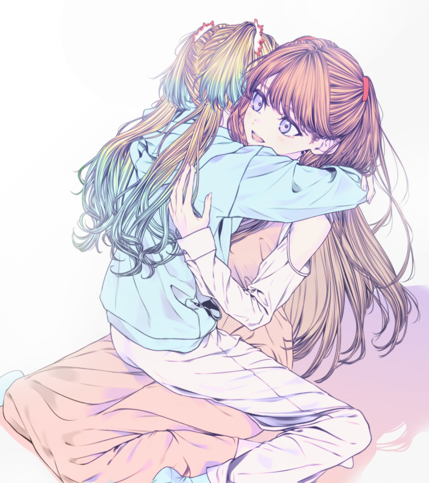 2girls, 596_(_gokuraku_joudo), :d, blonde_hair, blue_hair, blue_hoodie, blue_socks, brown_hair