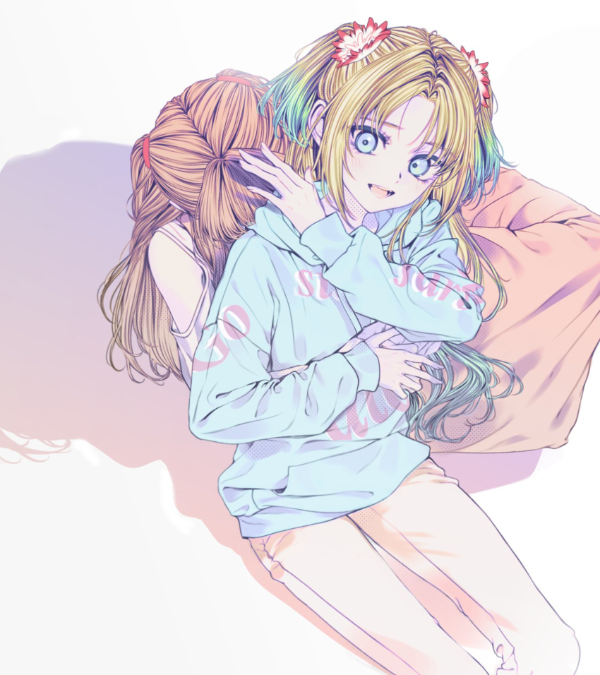 2girls, 596_(_gokuraku_joudo), :d, blonde_hair, blue_eyes, blue_hair, blue_hoodie, brown_hair