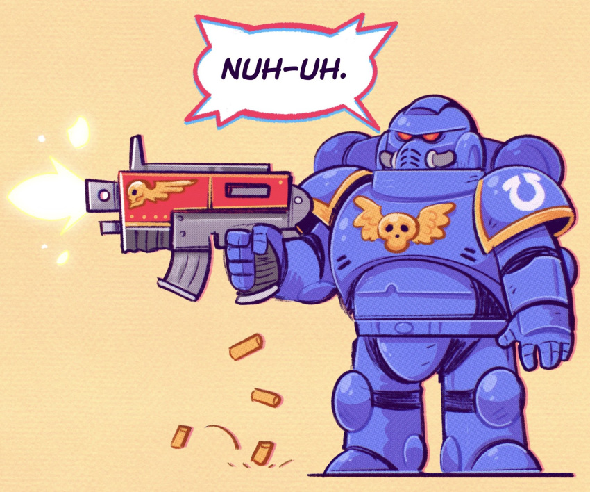1boy, adeptus_astartes, armor, blue_armor, bolter, bullet, commentary, english_commentary