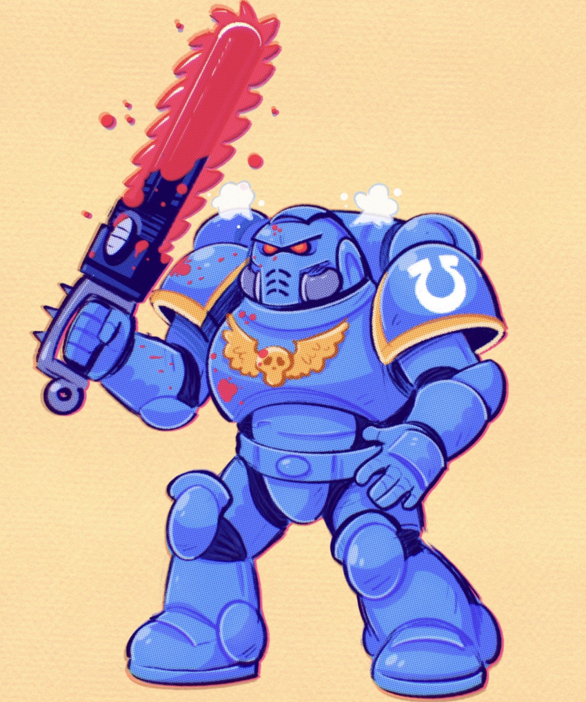 1boy, adeptus_astartes, armor, blue_armor, chainsaw, commentary, english_commentary, gauntlets