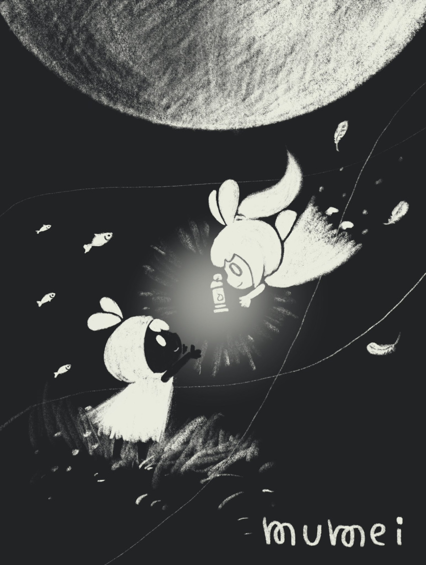 2girls, black_background, cloak, dress, dual_persona, falling_feathers, feathers, fish