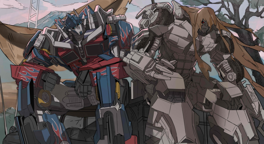 2boys, blue_eyes, cloak, flame_print, highres, hood, hooded_cloak, humanoid_robot, juicer113, machine, mecha, megatron, multiple_boys, no_humans, optimus_prime, red_eyes, robot, science_fiction, transformers, transformers:_dark_of_the_moon, transformers_(live_action), tree