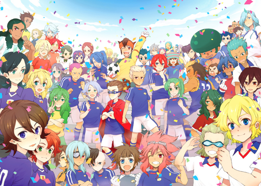 afuro_terumi, angelo_cabrini, bad_id, ball, bjorn_kyle, blonde_hair, blue_hair, confetti