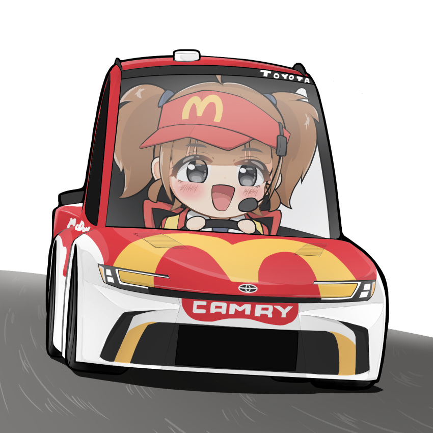:d, black_necktie, blush, brown_hair, car, chibi, collared_shirt, double_cheese_(mcdonald's)