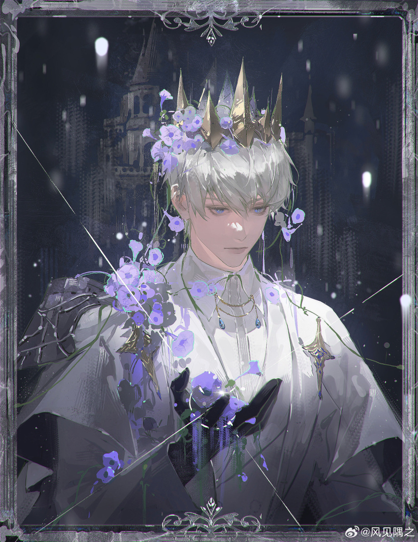 1boy, absurdres, black_gloves, blue_eyes, cape, castle, closed_mouth, crown