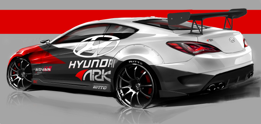 absurdres, advan, artist_request, car, english_commentary, grey_background, highres, hyundai, hyundai_genesis_coupe, motor_vehicle, no_humans, official_art, original, race_vehicle, racecar, reflective_floor, shadow, spoiler_(automobile), sponsor, sports_car, vehicle_focus