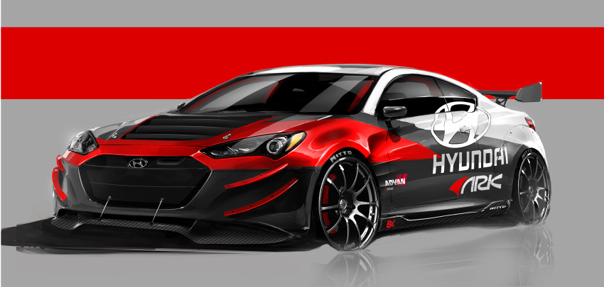 absurdres, advan, artist_request, car, english_commentary, grey_background, highres, hyundai, hyundai_genesis_coupe, motor_vehicle, no_humans, official_art, original, race_vehicle, racecar, reflective_floor, shadow, spoiler_(automobile), sponsor, sports_car, vehicle_focus