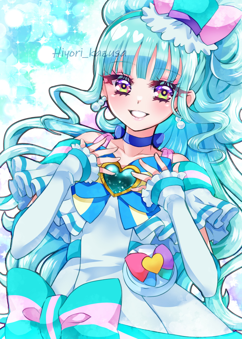 1girl, absurdres, aqua_bow, aqua_hair, aqua_hairband, aqua_hat, artist_name, blue_bow