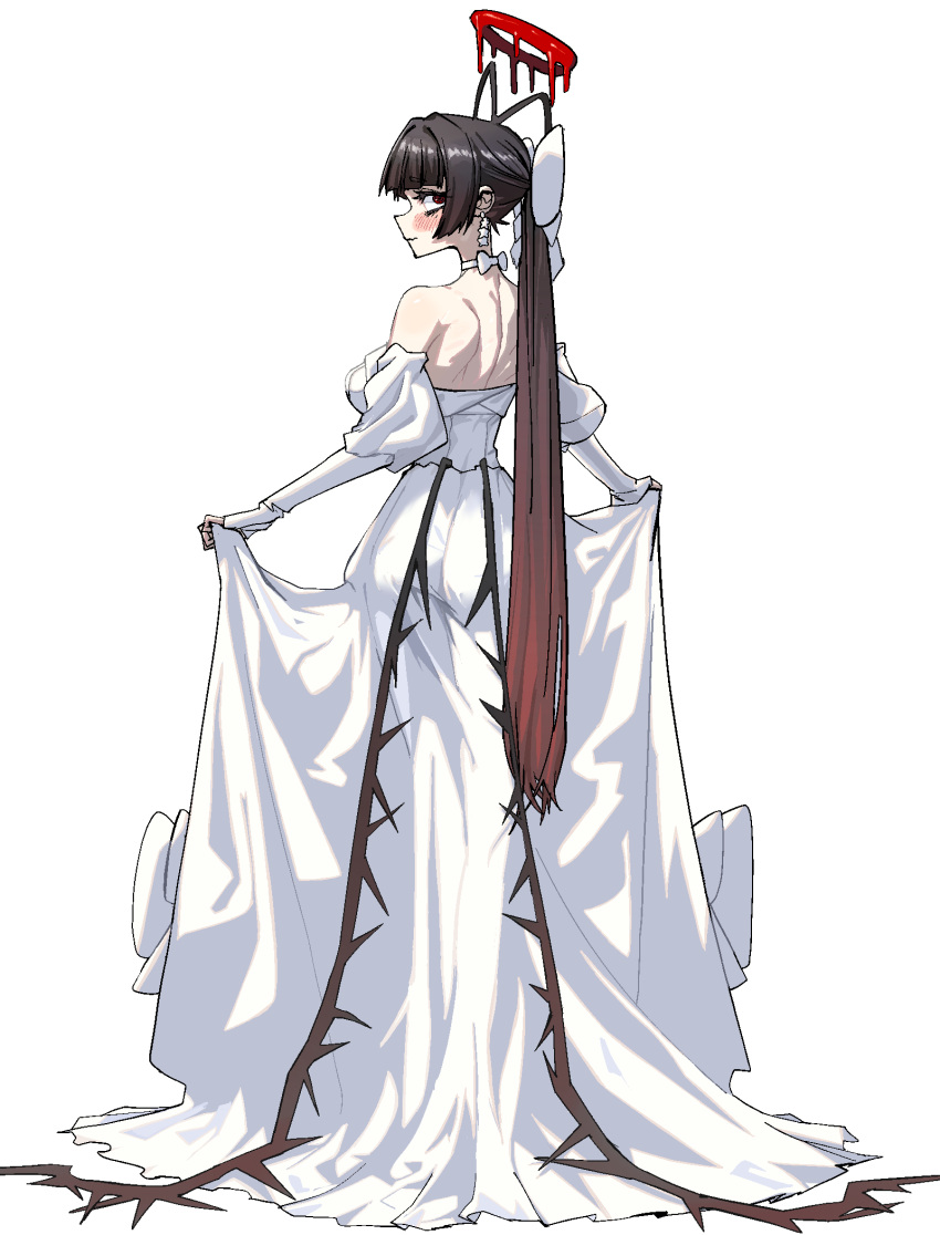 1girl, black_hair, black_wings, blood, blood_halo, blue_archive, blush, bow