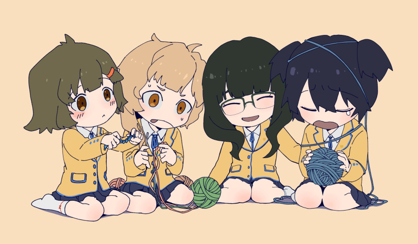 black_hair, black_rock_shooter, blonde_hair, blue_skirt, brown_eyes, brown_hair, friends, glasses