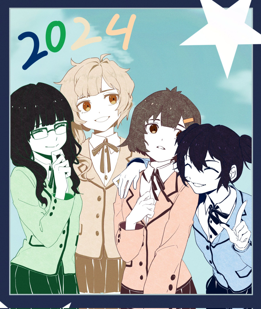 black_hair, black_rock_shooter, blonde_hair, brown_eyes, brown_hair, closed_eyes, glasses, highres